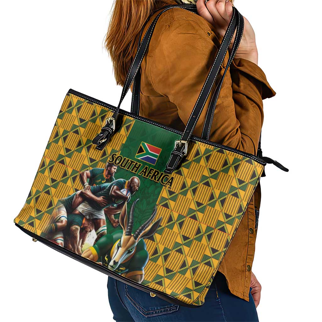 South Africa Rugby Leather Tote Bag The Springbok Mascot and Rugby Players Fight for Victory LT03