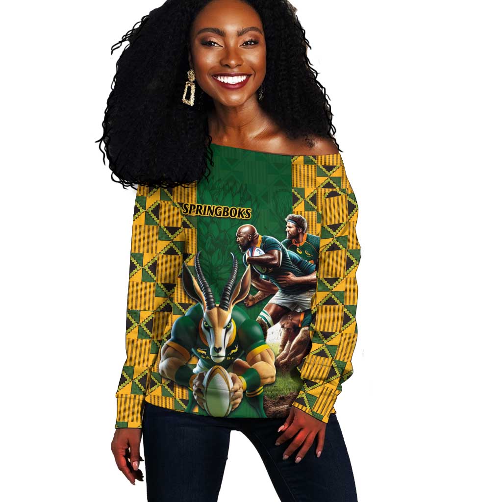 South Africa Rugby Off Shoulder Sweater - Springbok Mascot, Players Fighting for Victory LT03