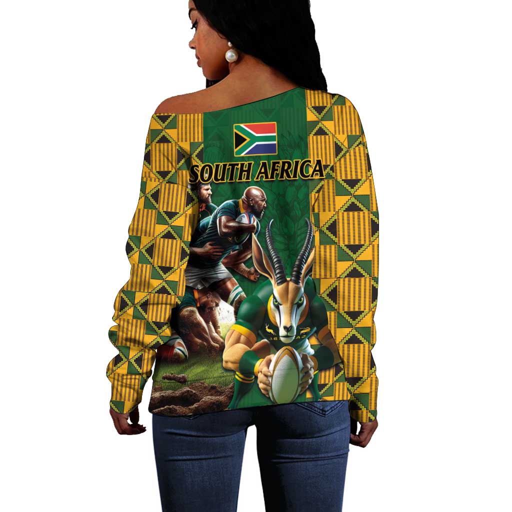 South Africa Rugby Off Shoulder Sweater - Springbok Mascot, Players Fighting for Victory LT03