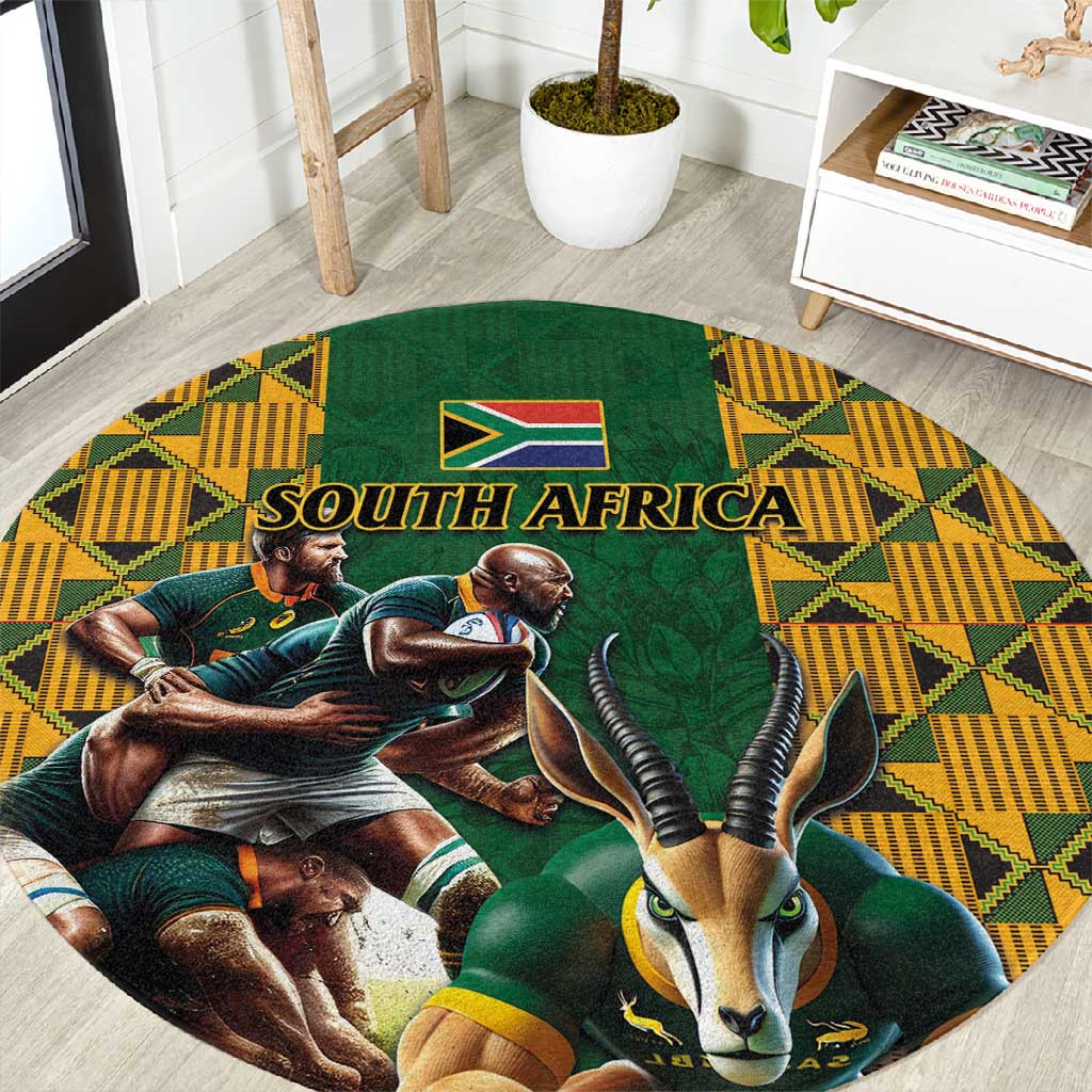 South Africa Rugby Round Carpet - Springbok Mascot, Players Fighting for Victory LT03