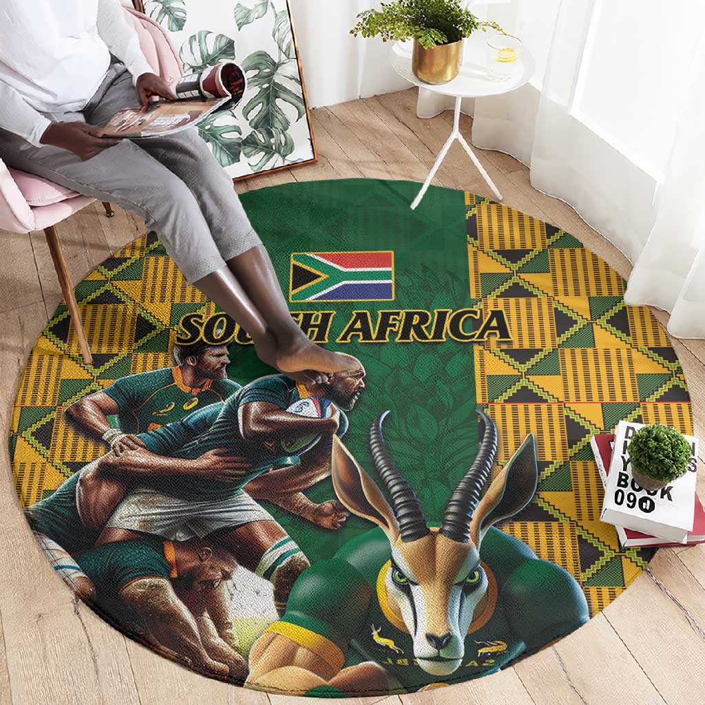 South Africa Rugby Round Carpet - Springbok Mascot, Players Fighting for Victory LT03