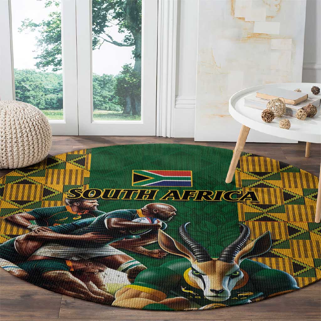 South Africa Rugby Round Carpet - Springbok Mascot, Players Fighting for Victory LT03