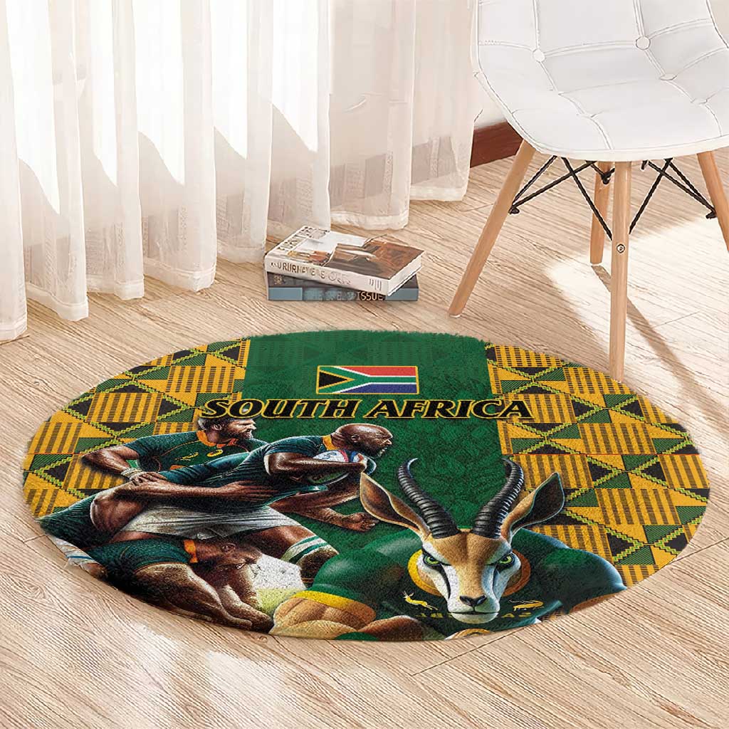 South Africa Rugby Round Carpet - Springbok Mascot, Players Fighting for Victory LT03
