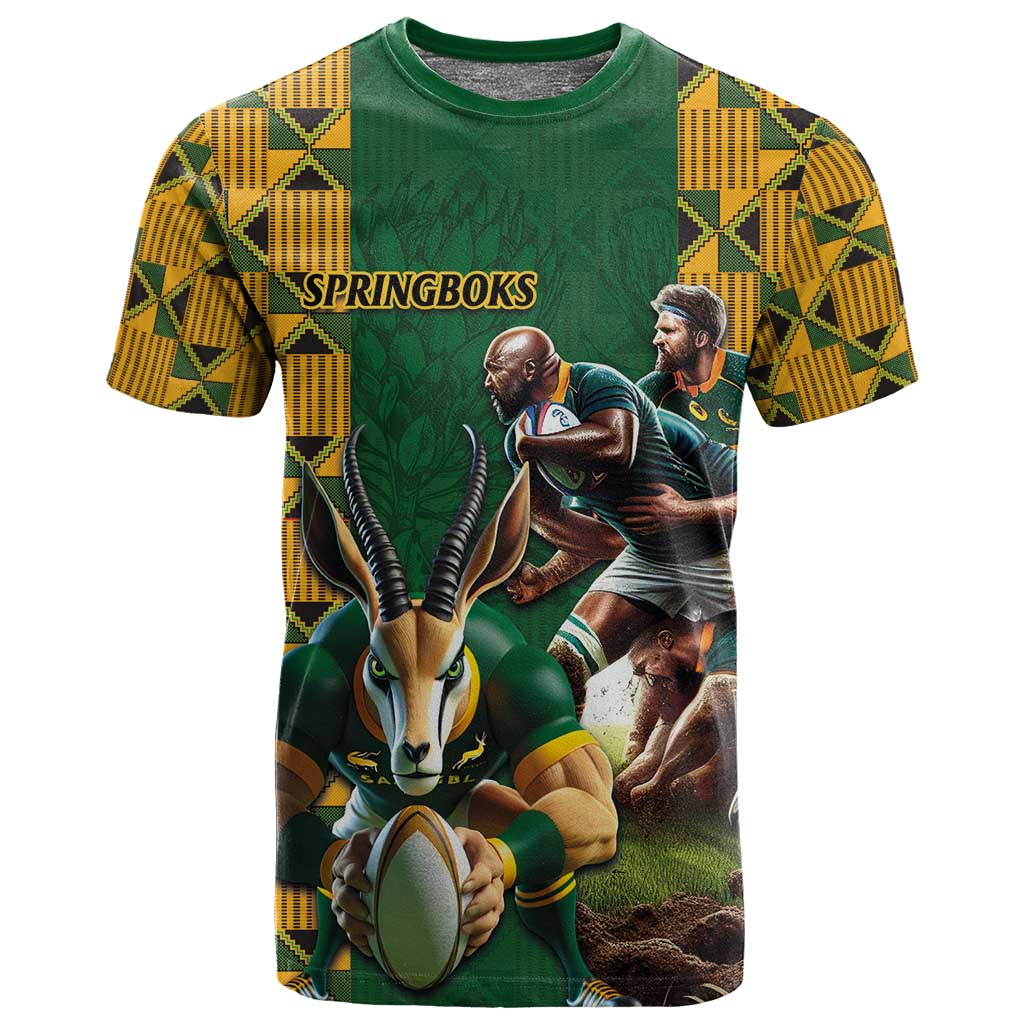 South Africa Rugby T shirt - Springbok Mascot, Players Fighting for Victory LT03