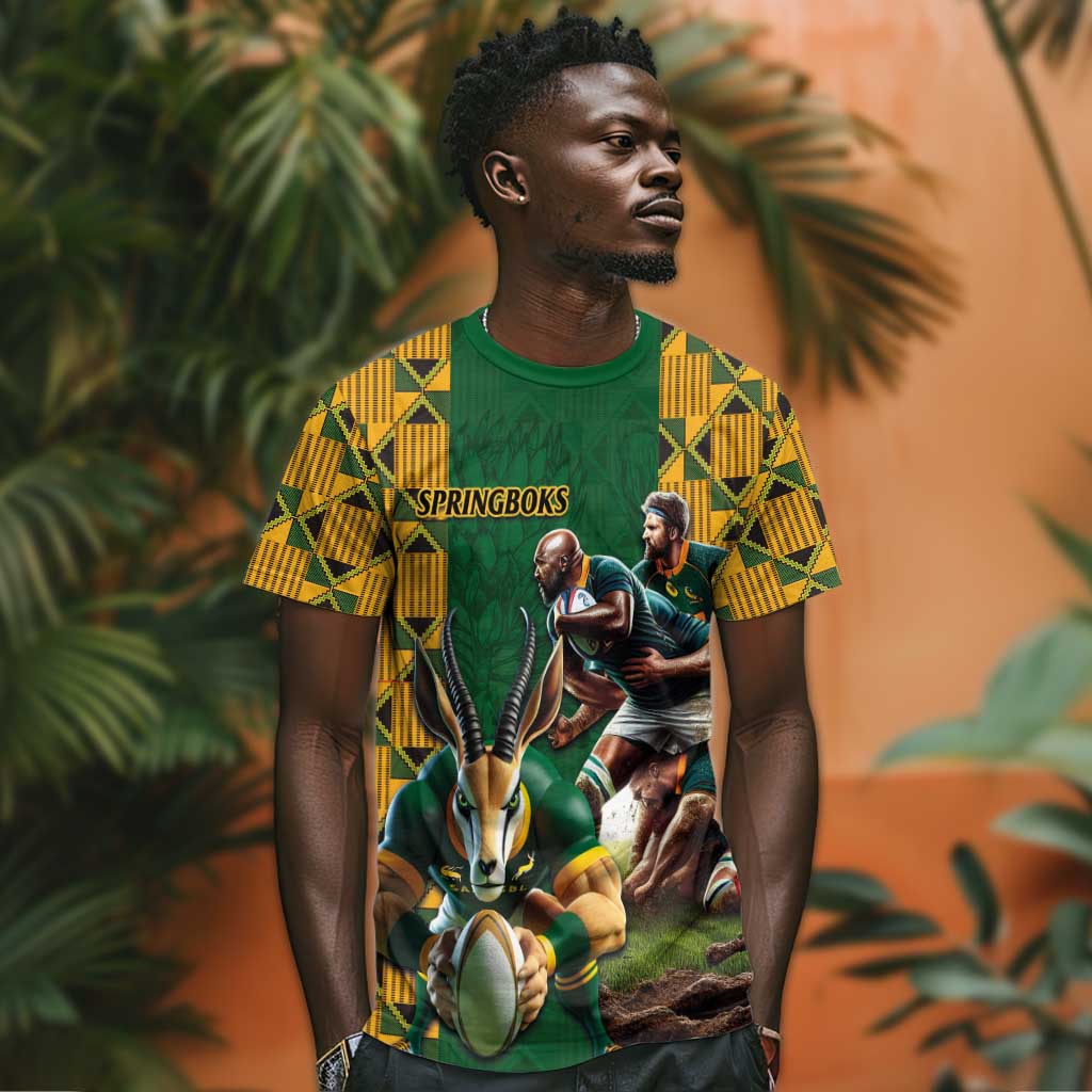 South Africa Rugby T shirt - Springbok Mascot, Players Fighting for Victory LT03