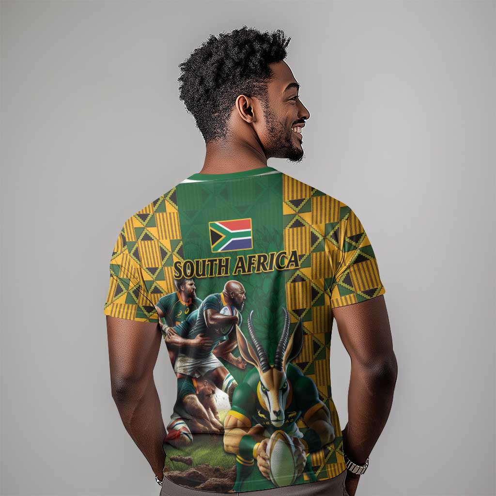 South Africa Rugby T shirt - Springbok Mascot, Players Fighting for Victory LT03