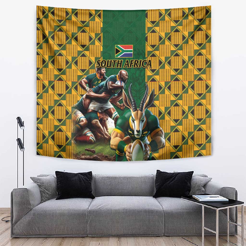 South Africa Rugby Tapestry - Springbok Mascot, Players Fighting for Victory LT03