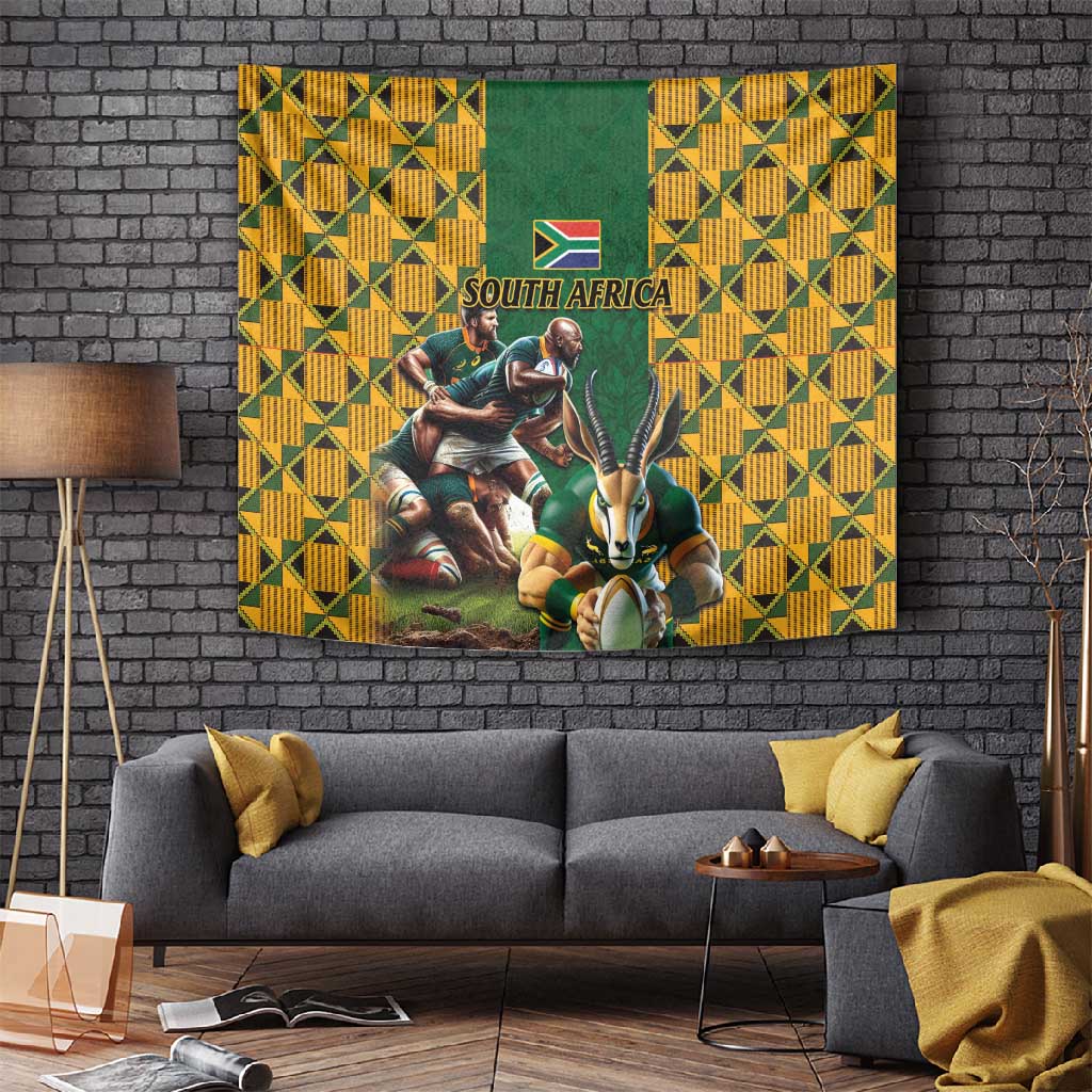 South Africa Rugby Tapestry - Springbok Mascot, Players Fighting for Victory LT03