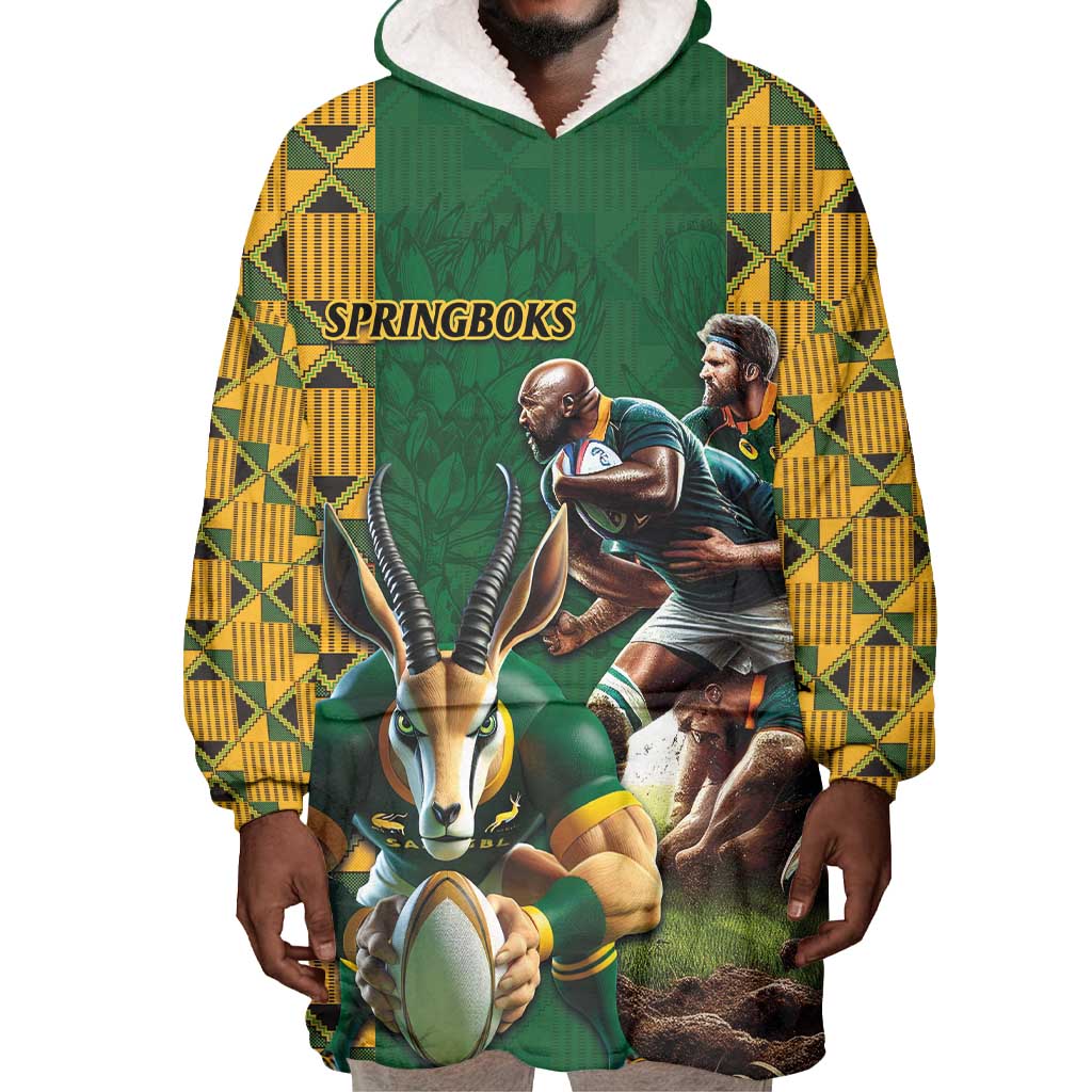 South Africa Rugby Wearable Blanket Hoodie - Springbok Mascot, Players Fighting for Victory LT03