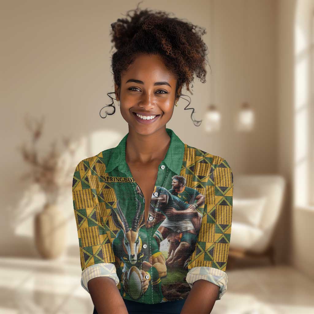 South Africa Rugby Women Casual Shirt - Springbok Mascot, Players Fighting for Victory LT03
