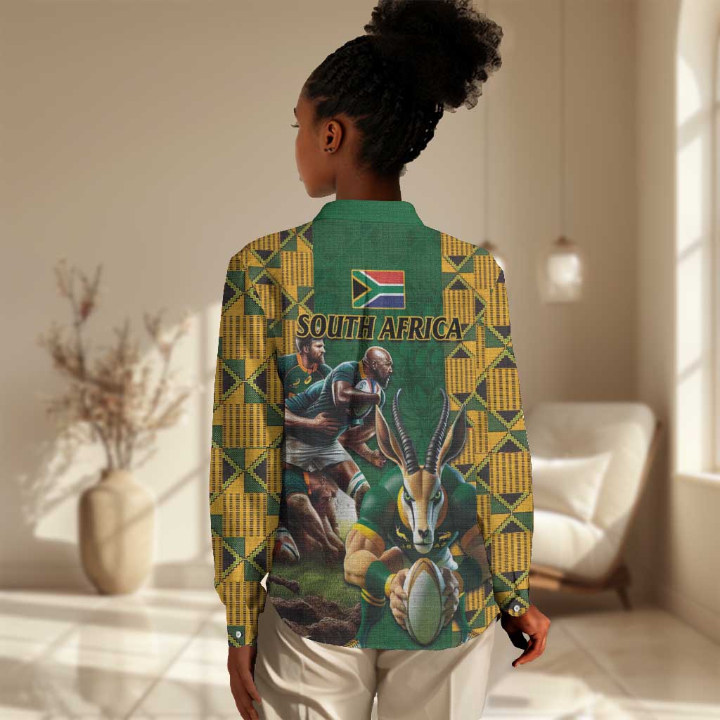 South Africa Rugby Women Casual Shirt - Springbok Mascot, Players Fighting for Victory LT03