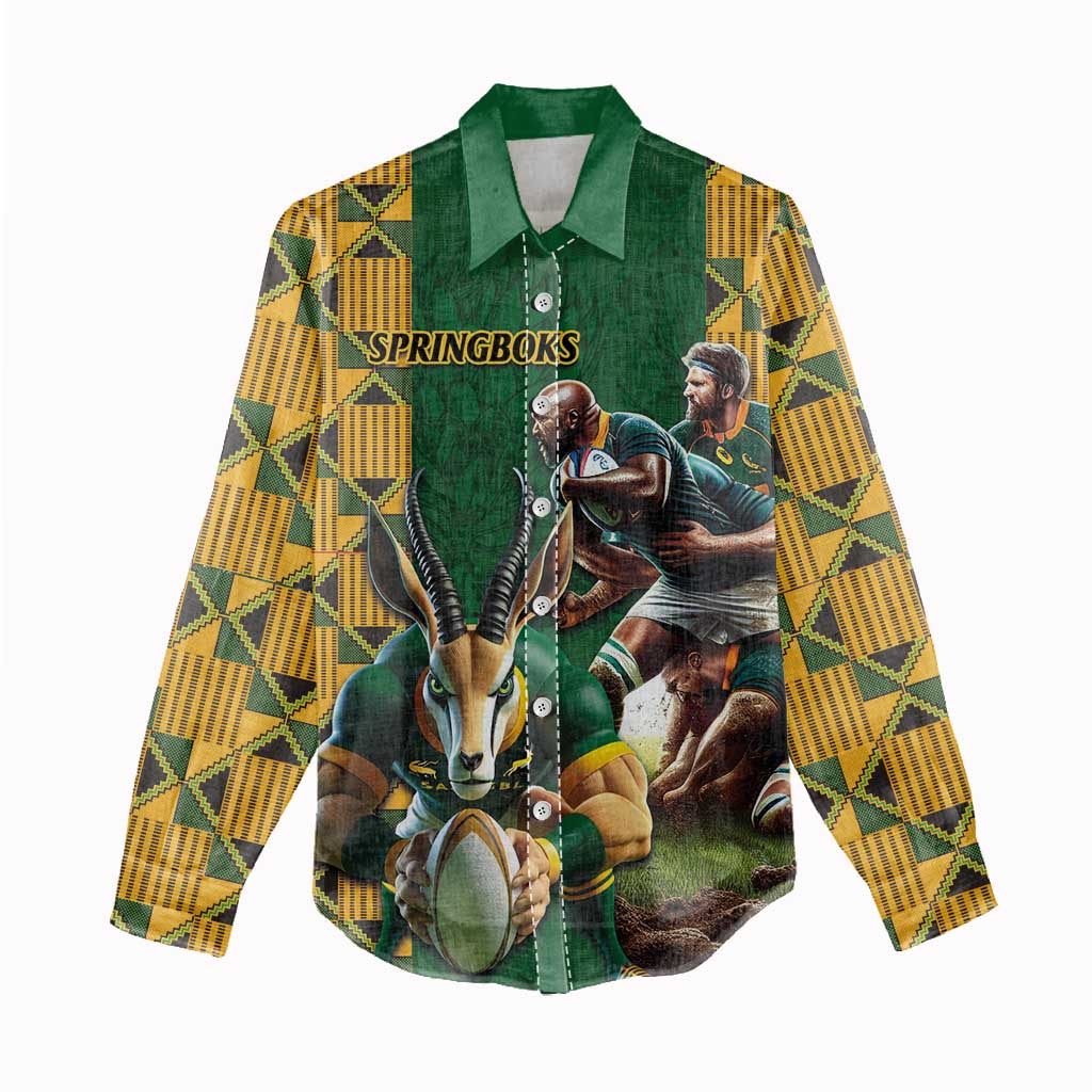 South Africa Rugby Women Casual Shirt - Springbok Mascot, Players Fighting for Victory LT03