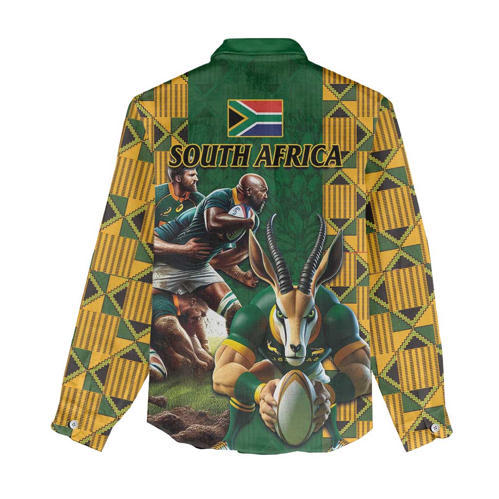 South Africa Rugby Women Casual Shirt - Springbok Mascot, Players Fighting for Victory LT03