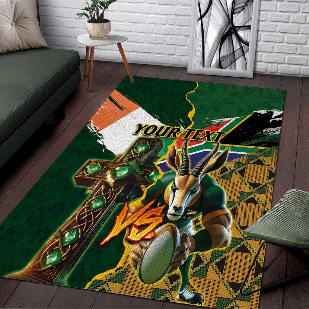 Personalized South Africa Versus Ireland Rugby Area Rug - Springbok Mascot, Celtic Cross Design LT03