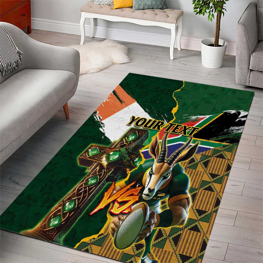 Personalized South Africa Versus Ireland Rugby Area Rug - Springbok Mascot, Celtic Cross Design LT03