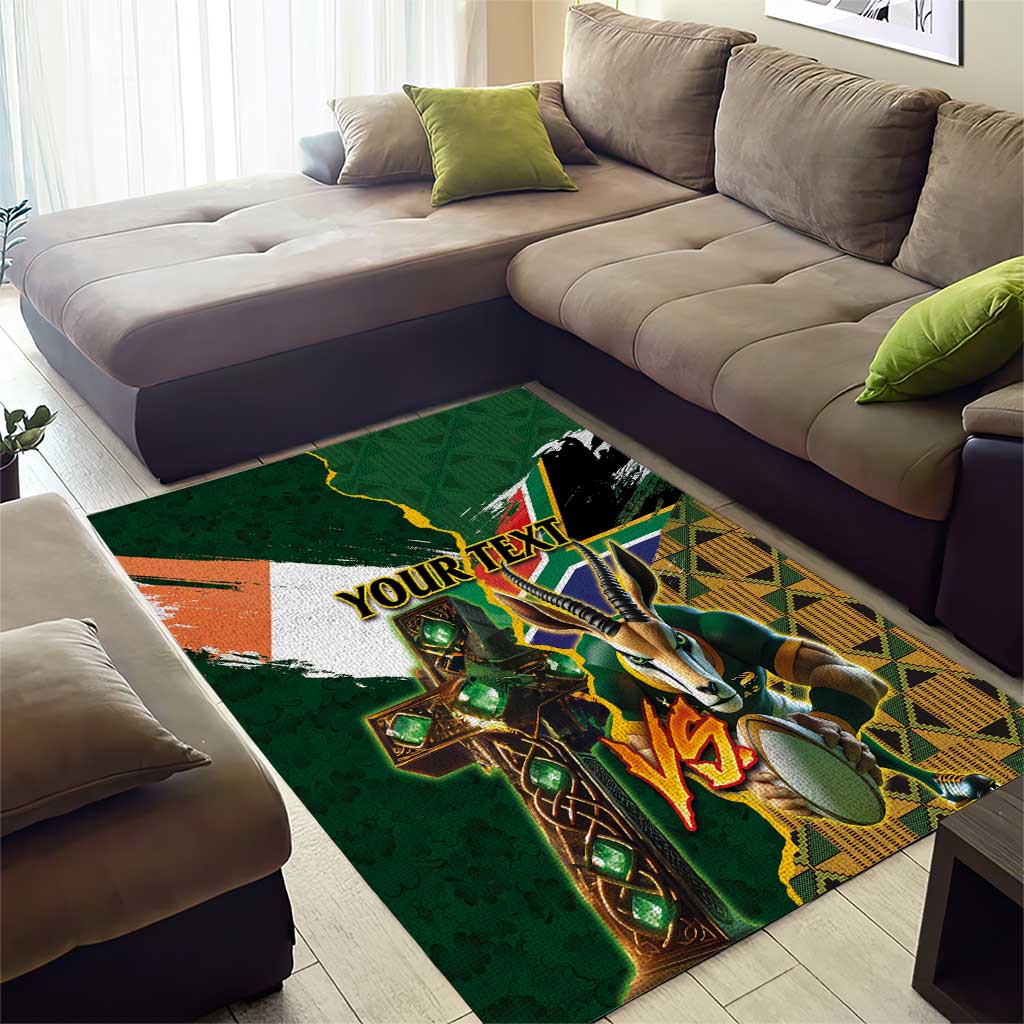 Personalized South Africa Versus Ireland Rugby Area Rug - Springbok Mascot, Celtic Cross Design LT03