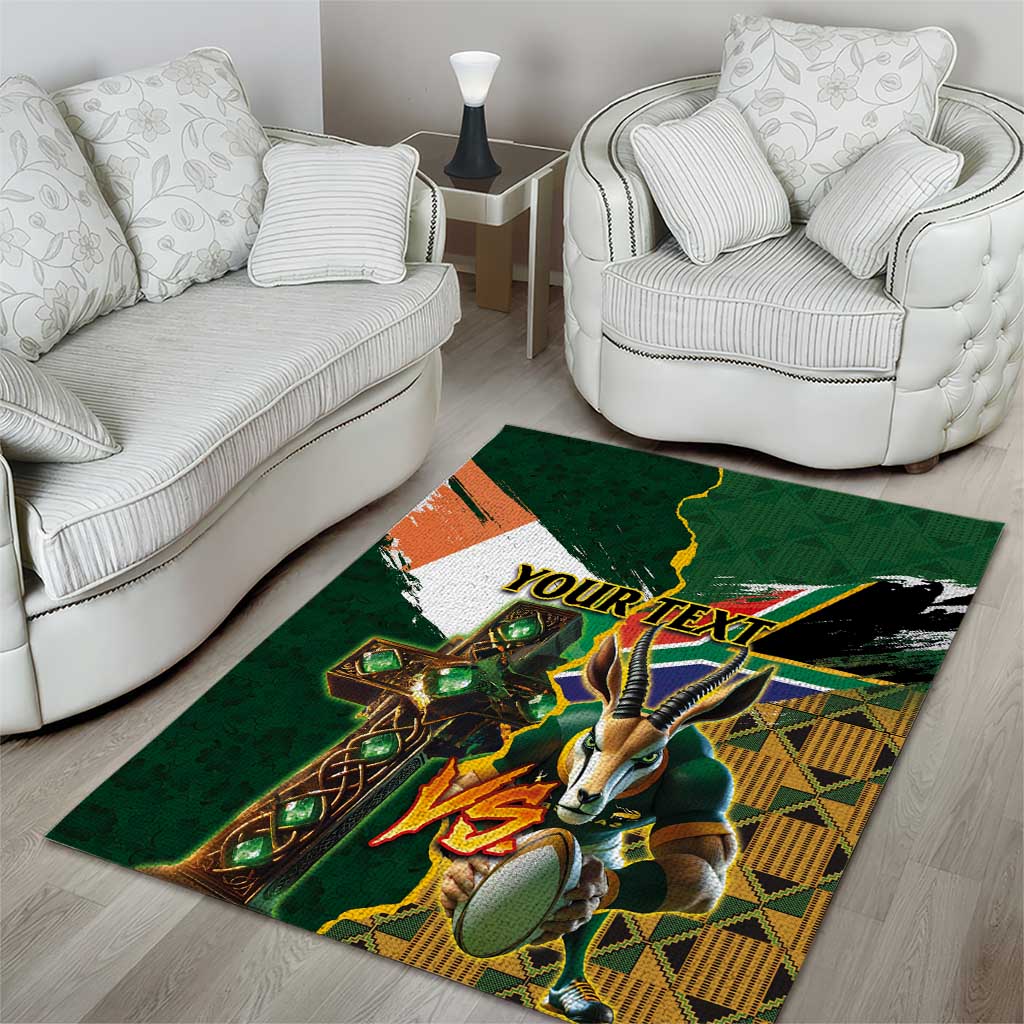 Personalized South Africa Versus Ireland Rugby Area Rug - Springbok Mascot, Celtic Cross Design LT03