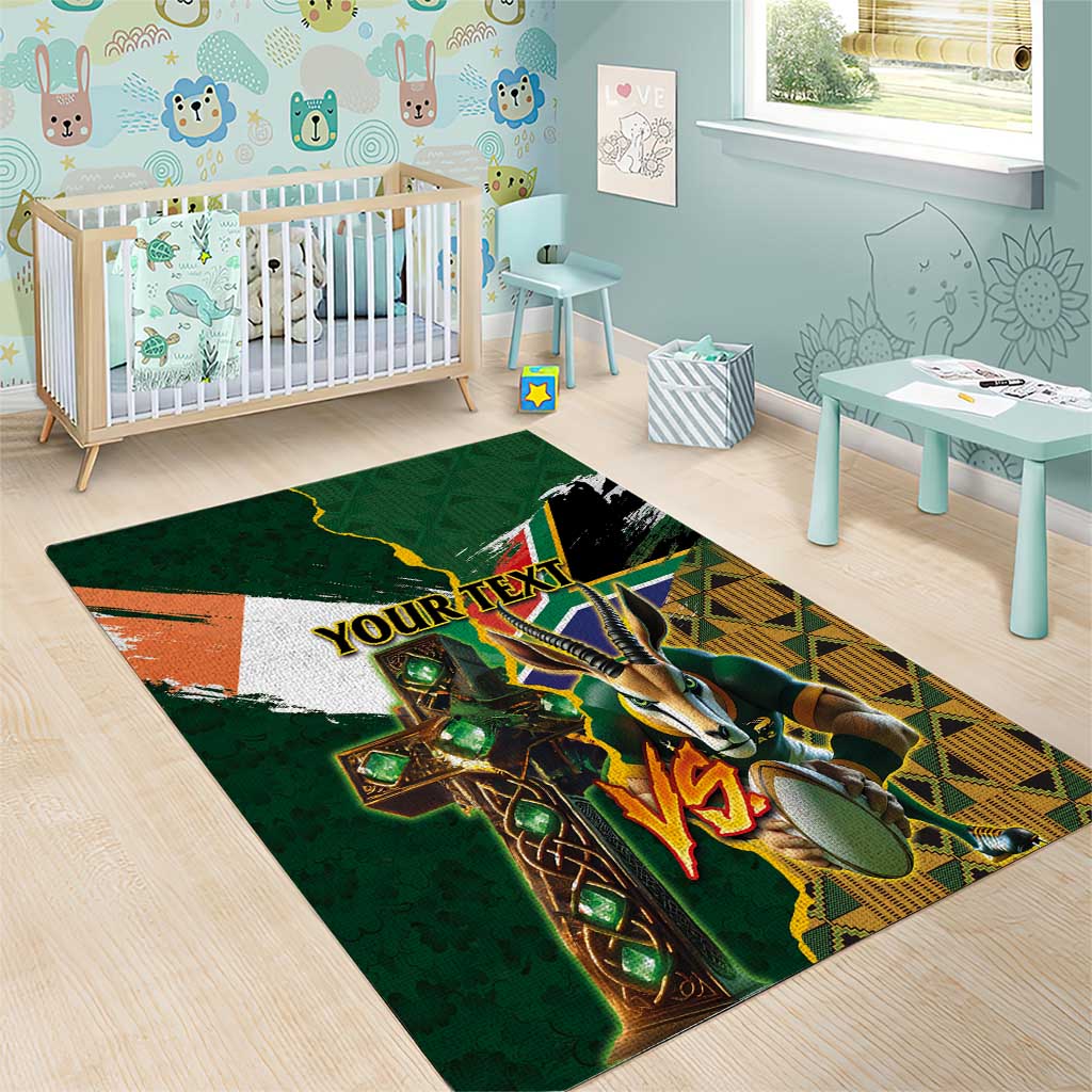 Personalized South Africa Versus Ireland Rugby Area Rug - Springbok Mascot, Celtic Cross Design LT03