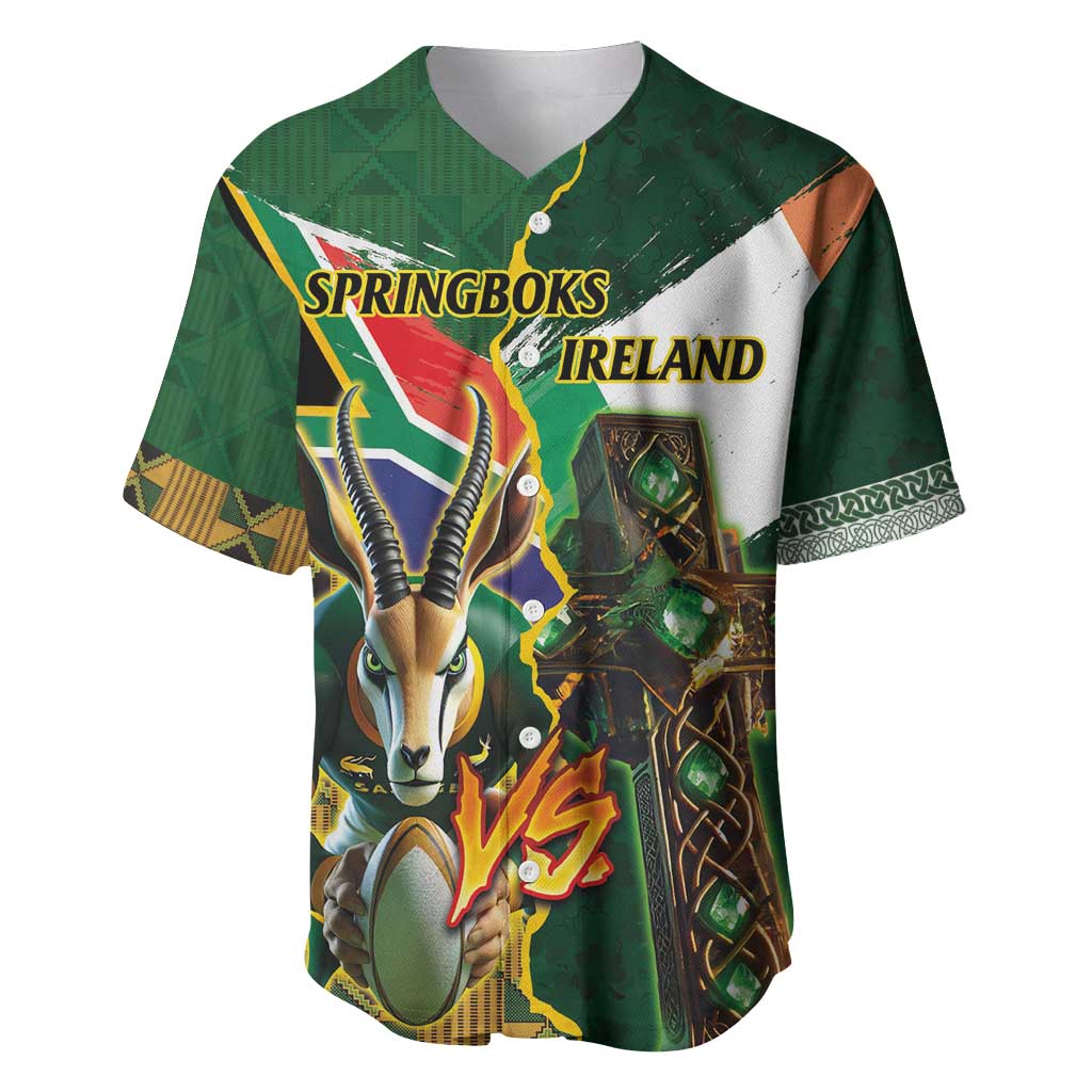 Personalized South Africa Versus Ireland Rugby Baseball Jersey - Springbok Mascot, Celtic Cross Design LT03