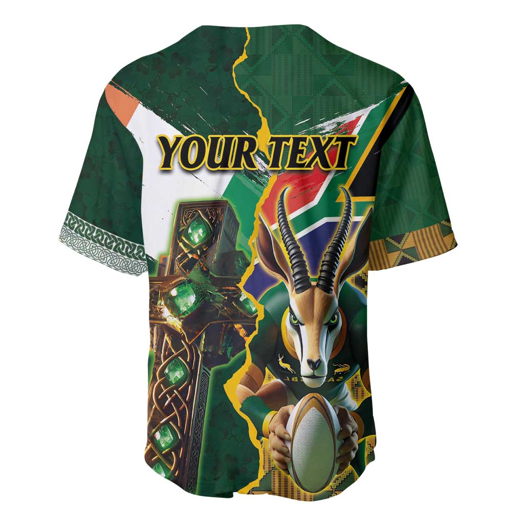 Personalized South Africa Versus Ireland Rugby Baseball Jersey - Springbok Mascot, Celtic Cross Design LT03