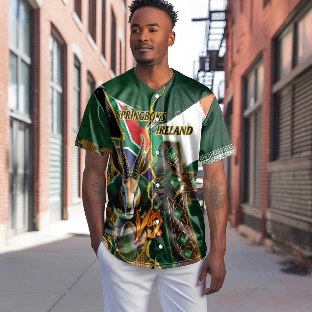 Personalized South Africa Versus Ireland Rugby Baseball Jersey - Springbok Mascot, Celtic Cross Design LT03