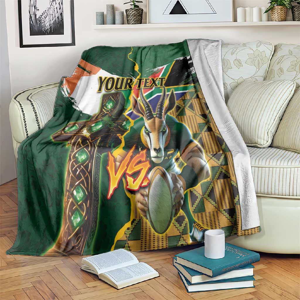 Personalized South Africa Versus Ireland Rugby Blanket - Springbok Mascot, Celtic Cross Design LT03