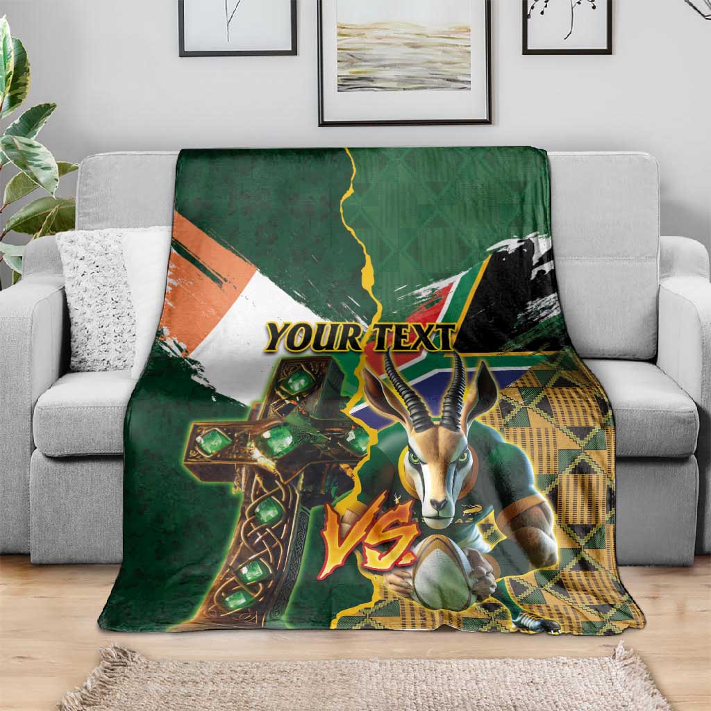Personalized South Africa Versus Ireland Rugby Blanket - Springbok Mascot, Celtic Cross Design LT03