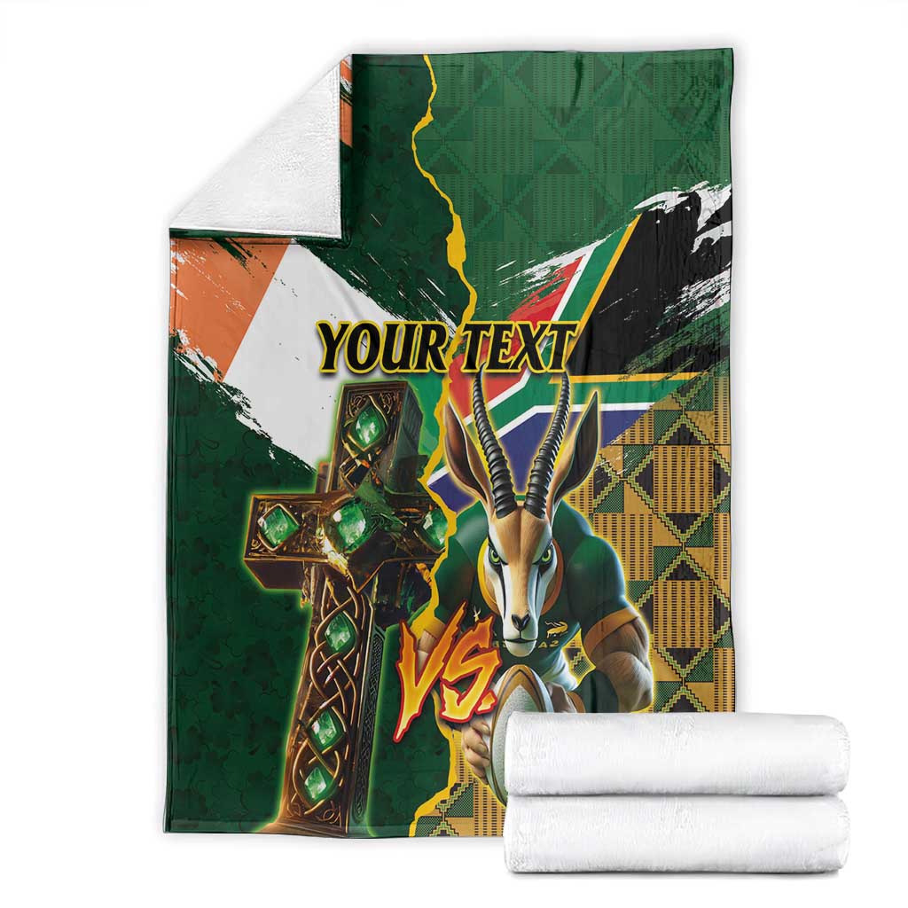 Personalized South Africa Versus Ireland Rugby Blanket - Springbok Mascot, Celtic Cross Design LT03