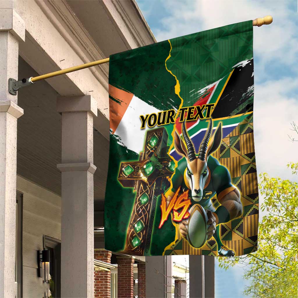 Personalized South Africa Versus Ireland Rugby Garden Flag - Springbok Mascot, Celtic Cross Design LT03