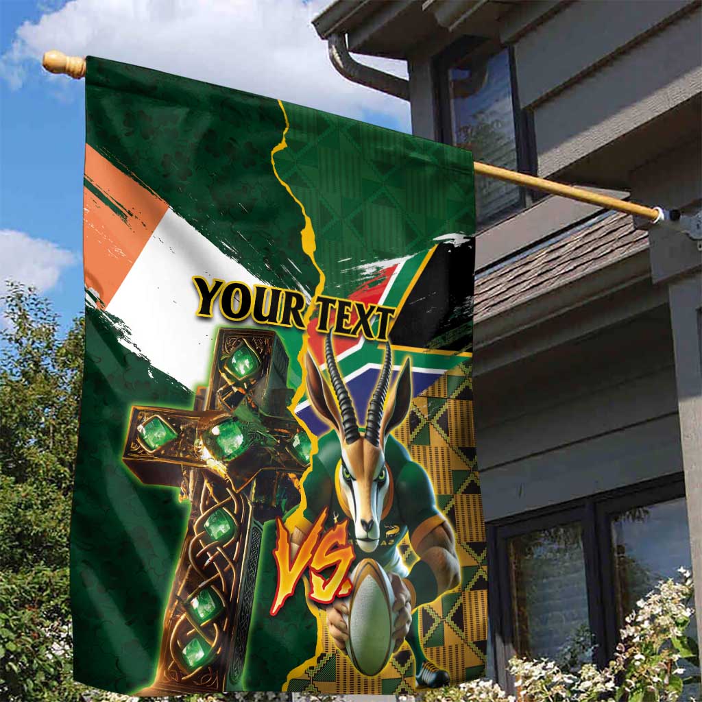 Personalized South Africa Versus Ireland Rugby Garden Flag - Springbok Mascot, Celtic Cross Design LT03