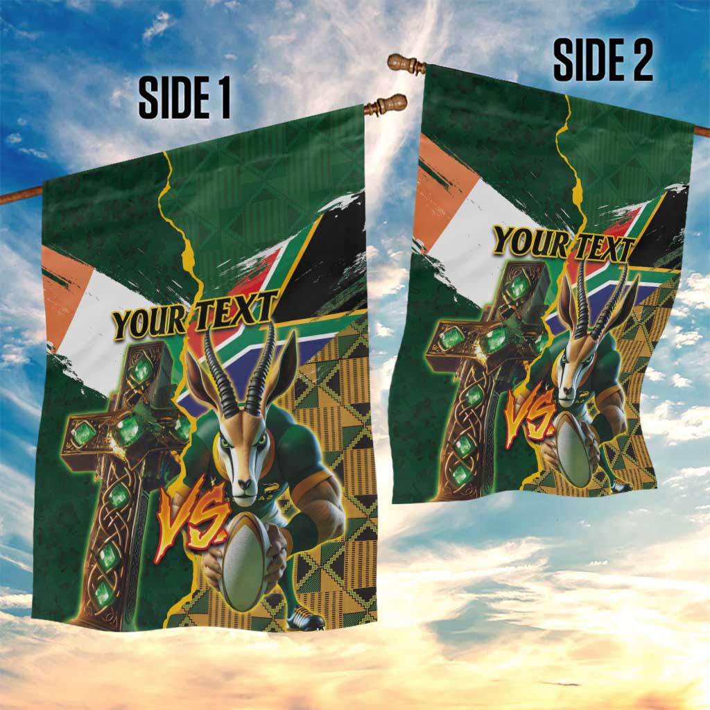 Personalized South Africa Versus Ireland Rugby Garden Flag - Springbok Mascot, Celtic Cross Design LT03