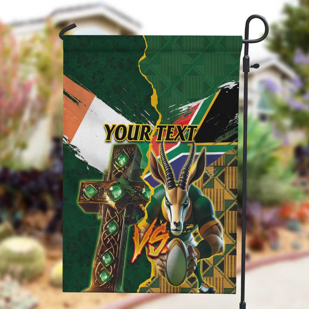 Personalized South Africa Versus Ireland Rugby Garden Flag - Springbok Mascot, Celtic Cross Design LT03