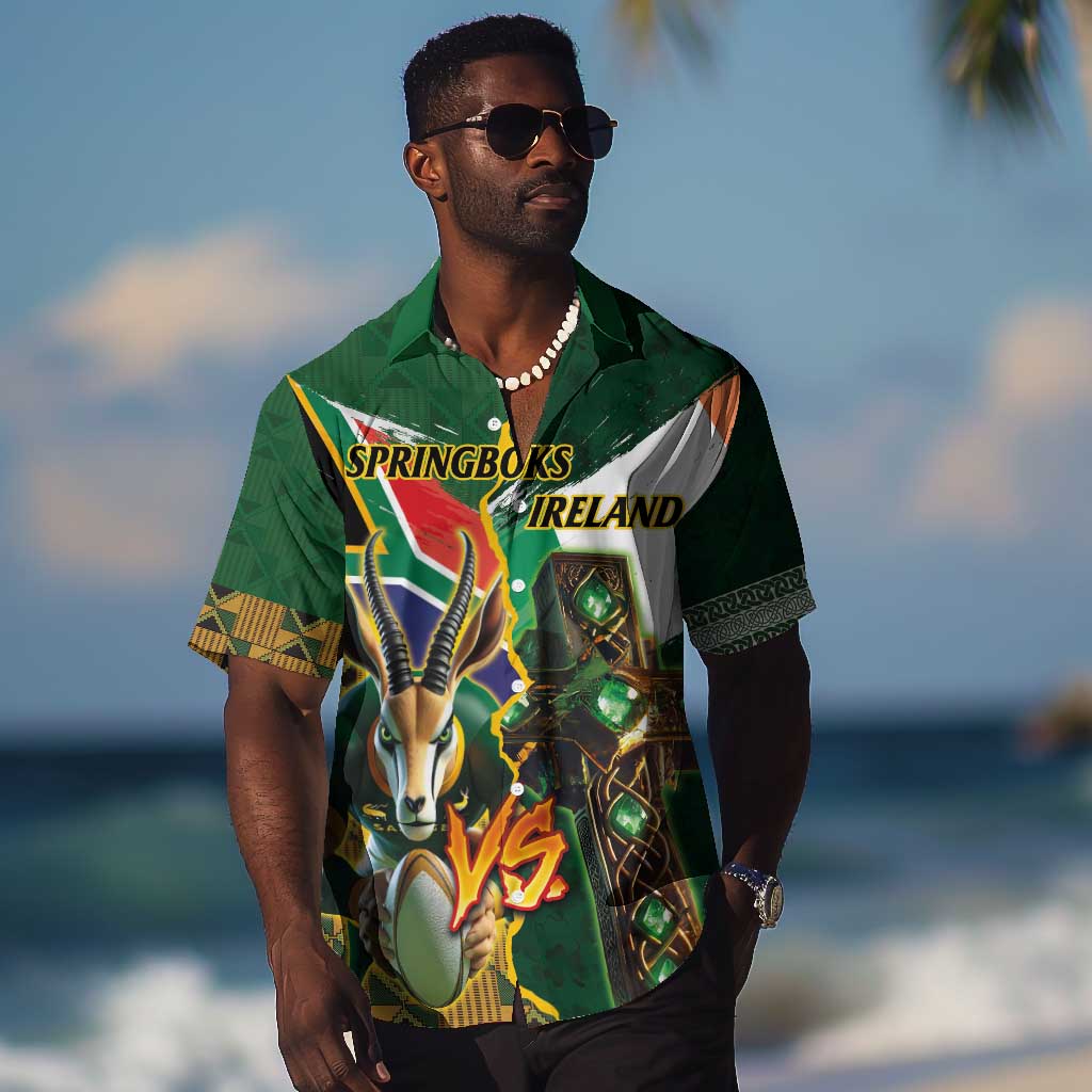 Personalized South Africa Versus Ireland Rugby Hawaiian Shirt - Springbok Mascot, Celtic Cross Design LT03