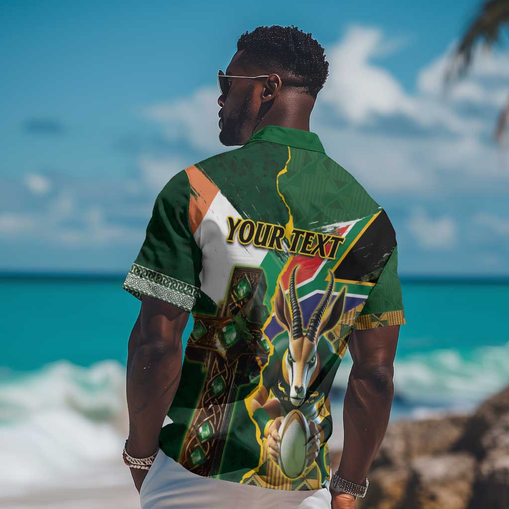 Personalized South Africa Versus Ireland Rugby Hawaiian Shirt - Springbok Mascot, Celtic Cross Design LT03