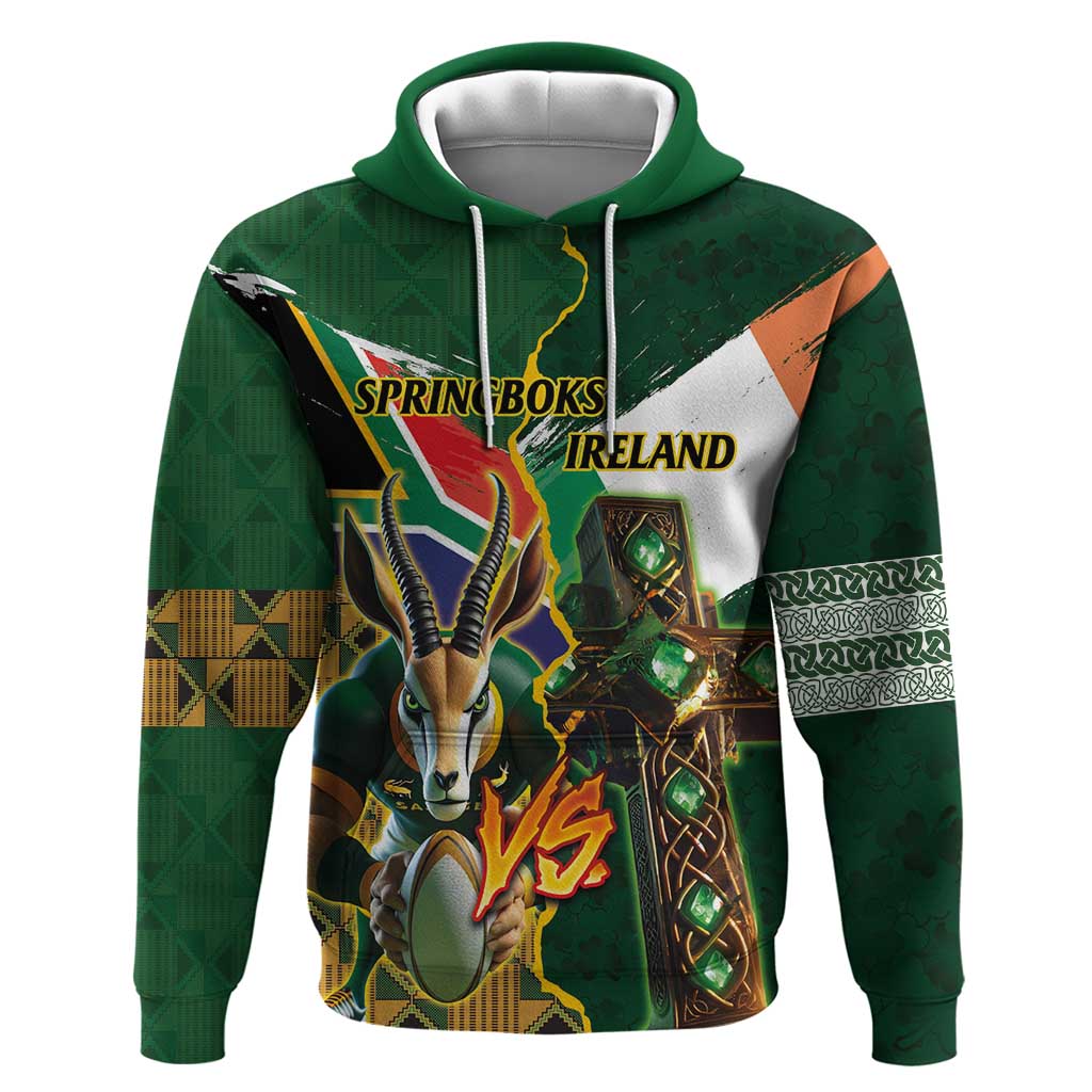 Personalized South Africa Versus Ireland Rugby Hoodie The Springbok Mascot and Celtic Cross Together LT03