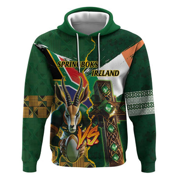Personalized South Africa Versus Ireland Rugby Hoodie The Springbok Mascot and Celtic Cross Together LT03