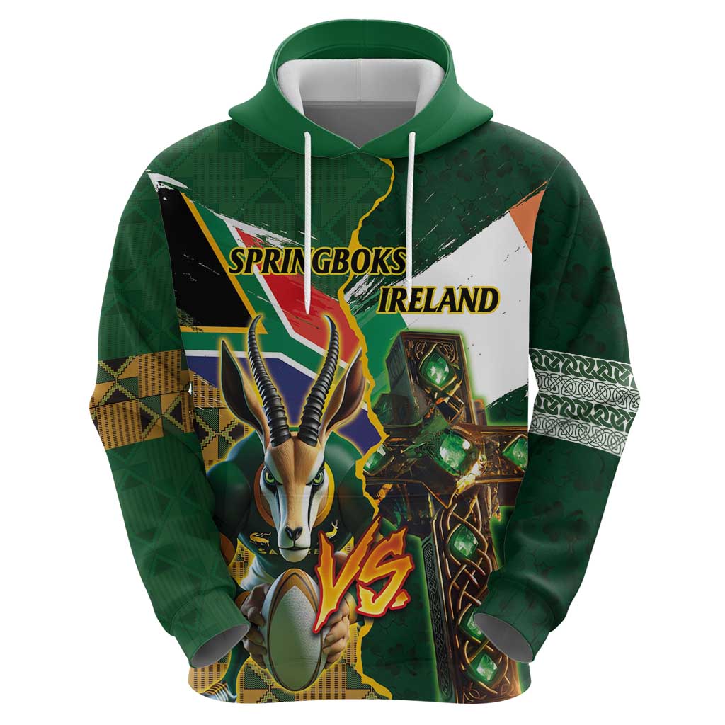 Personalized South Africa Versus Ireland Rugby Hoodie The Springbok Mascot and Celtic Cross Together LT03