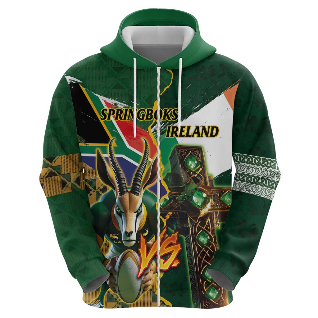 Personalized South Africa Versus Ireland Rugby Hoodie The Springbok Mascot and Celtic Cross Together LT03