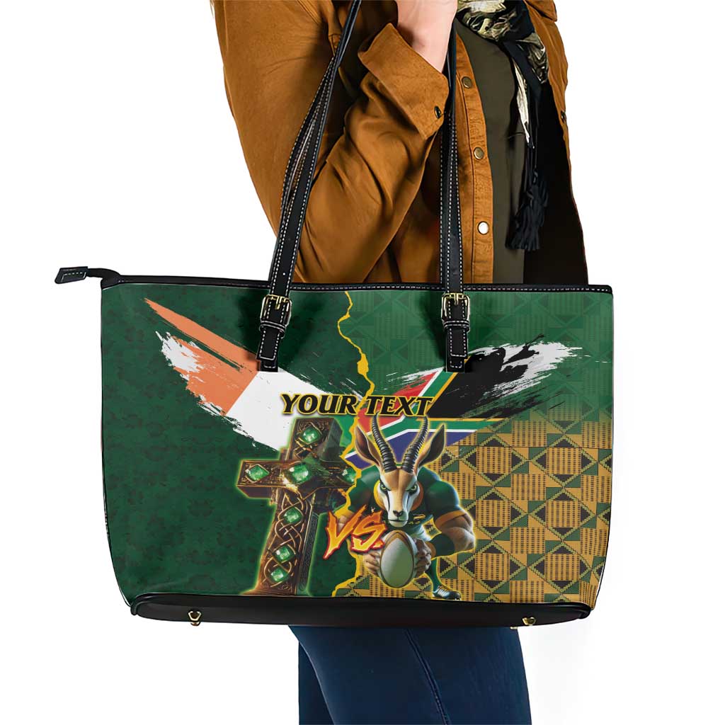 Personalized South Africa Versus Ireland Rugby Leather Tote Bag The Springbok Mascot and Celtic Cross Together LT03