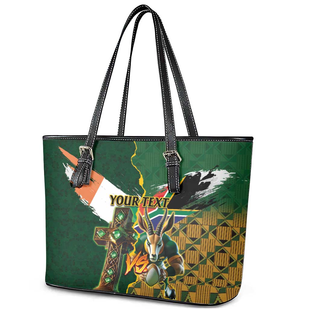 Personalized South Africa Versus Ireland Rugby Leather Tote Bag The Springbok Mascot and Celtic Cross Together LT03
