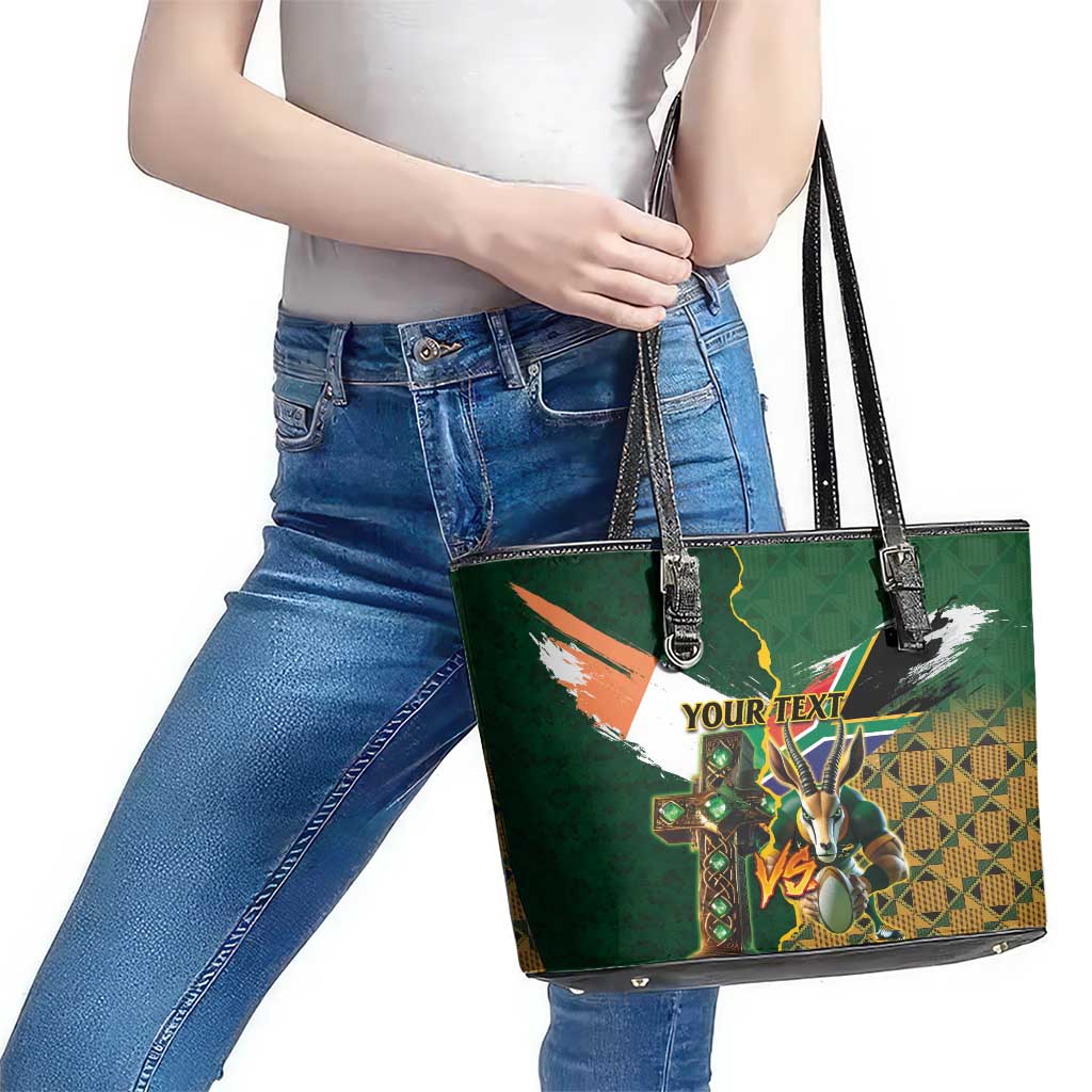 Personalized South Africa Versus Ireland Rugby Leather Tote Bag The Springbok Mascot and Celtic Cross Together LT03