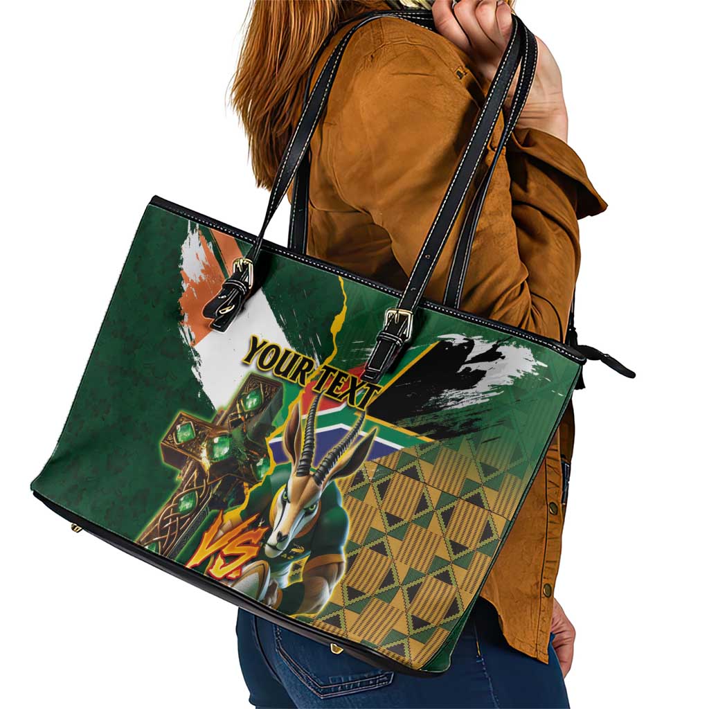 Personalized South Africa Versus Ireland Rugby Leather Tote Bag The Springbok Mascot and Celtic Cross Together LT03