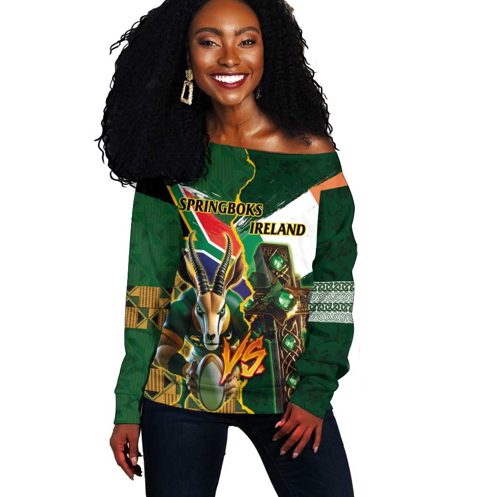 Personalized South Africa Versus Ireland Rugby Off Shoulder Sweater - Springbok Mascot, Celtic Cross Design LT03