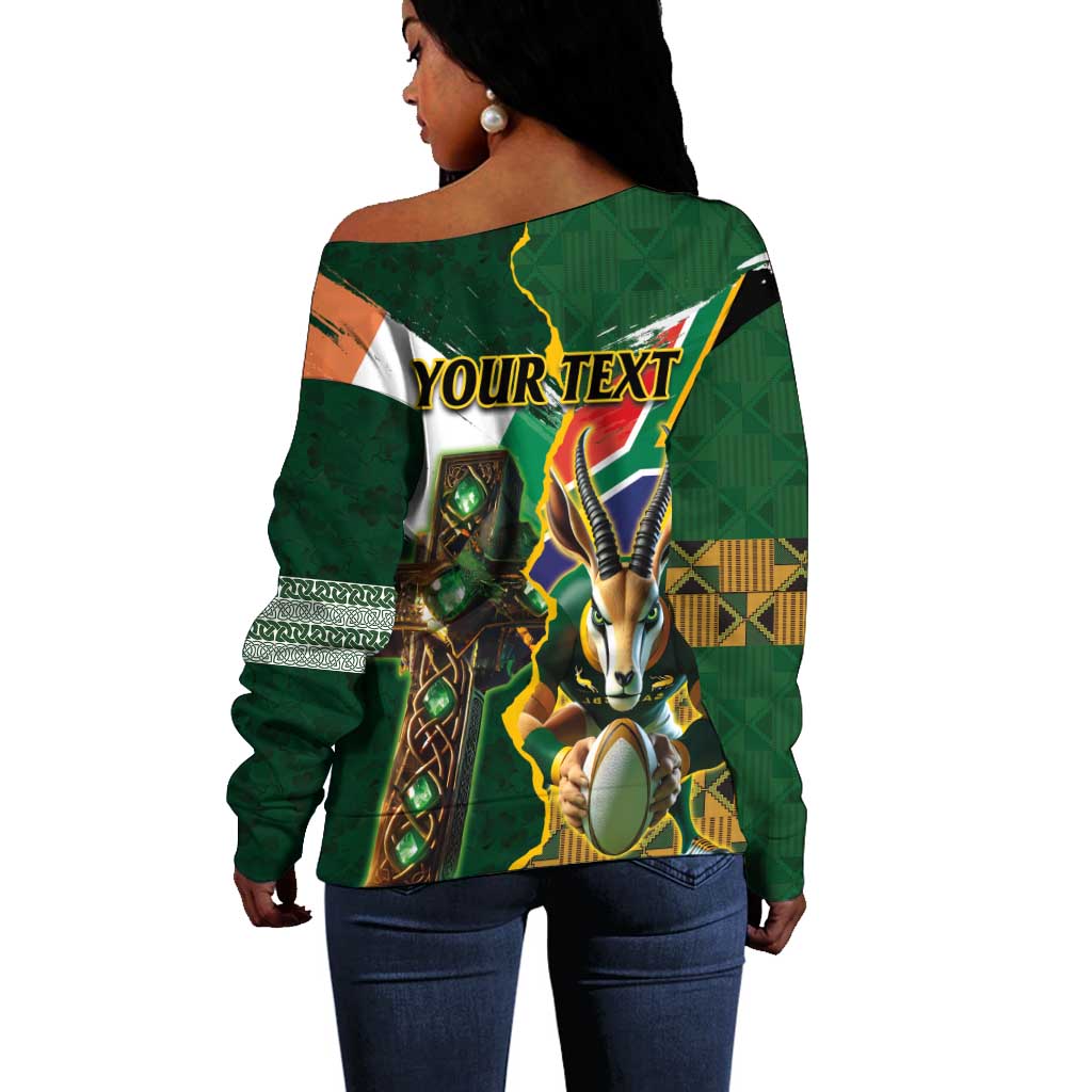 Personalized South Africa Versus Ireland Rugby Off Shoulder Sweater - Springbok Mascot, Celtic Cross Design LT03