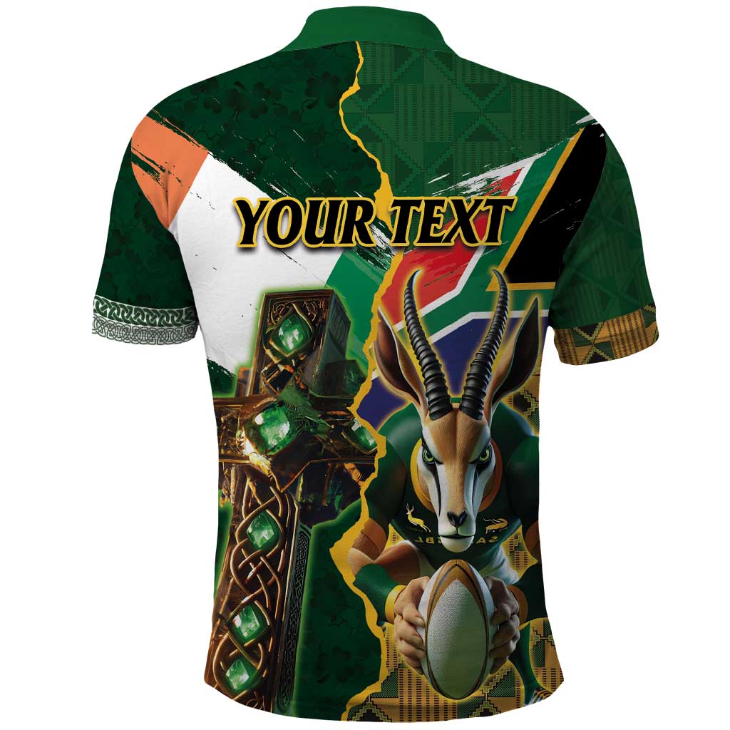 Personalized South Africa Versus Ireland Rugby Polo Shirt The Springbok Mascot and Celtic Cross Together LT03