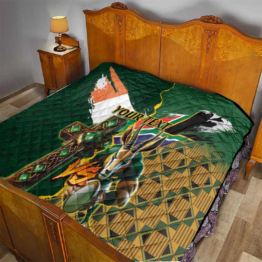 Personalized South Africa Versus Ireland Rugby Quilt - Springbok Mascot, Celtic Cross Design LT03