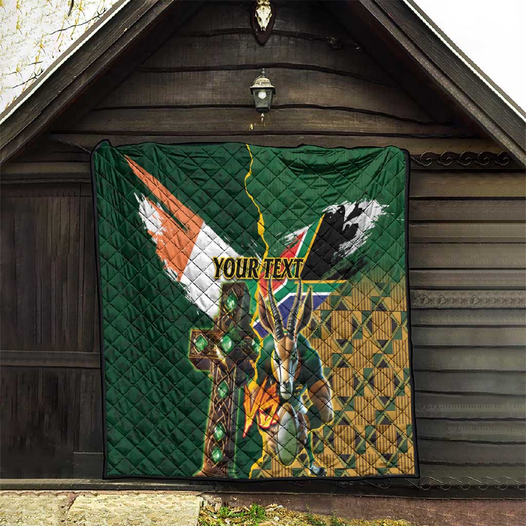 Personalized South Africa Versus Ireland Rugby Quilt - Springbok Mascot, Celtic Cross Design LT03