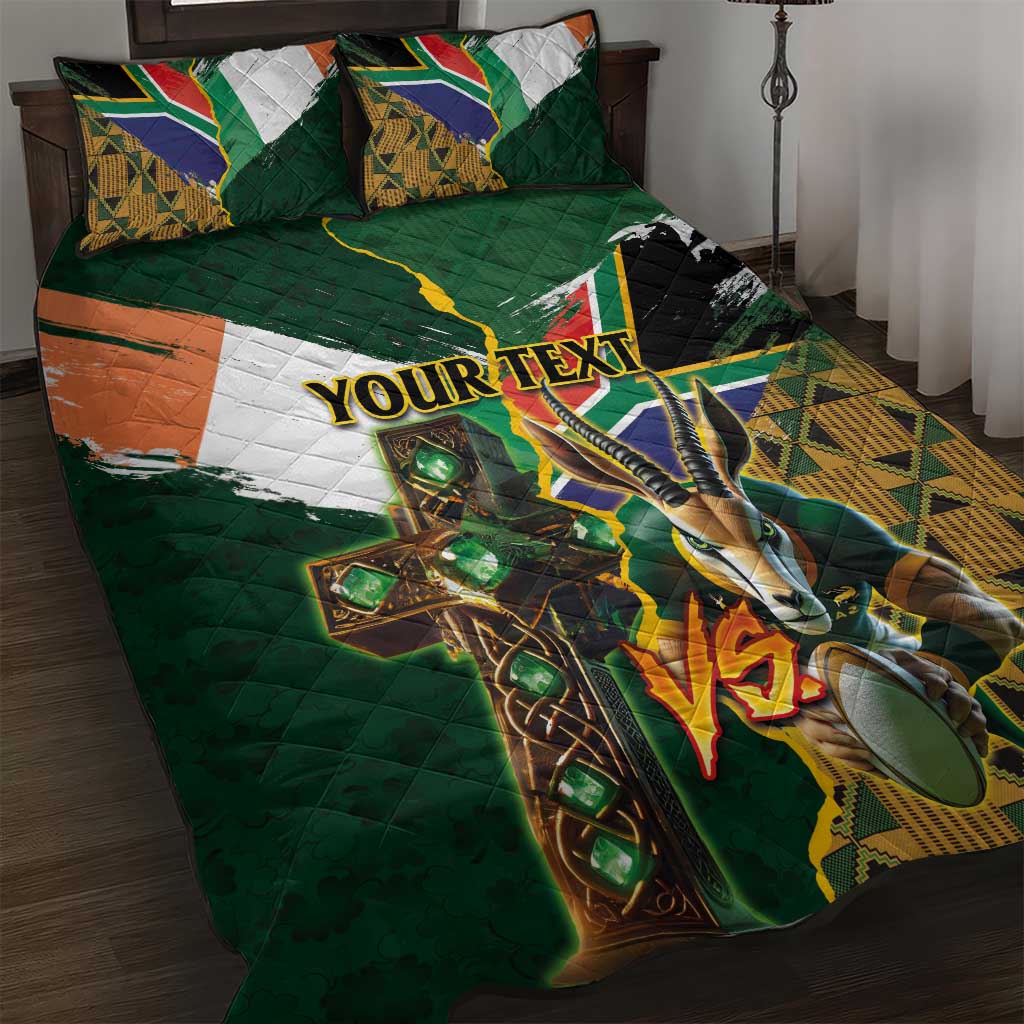 Personalized South Africa Versus Ireland Rugby Quilt Bed Set - Springbok Mascot, Celtic Cross Design LT03
