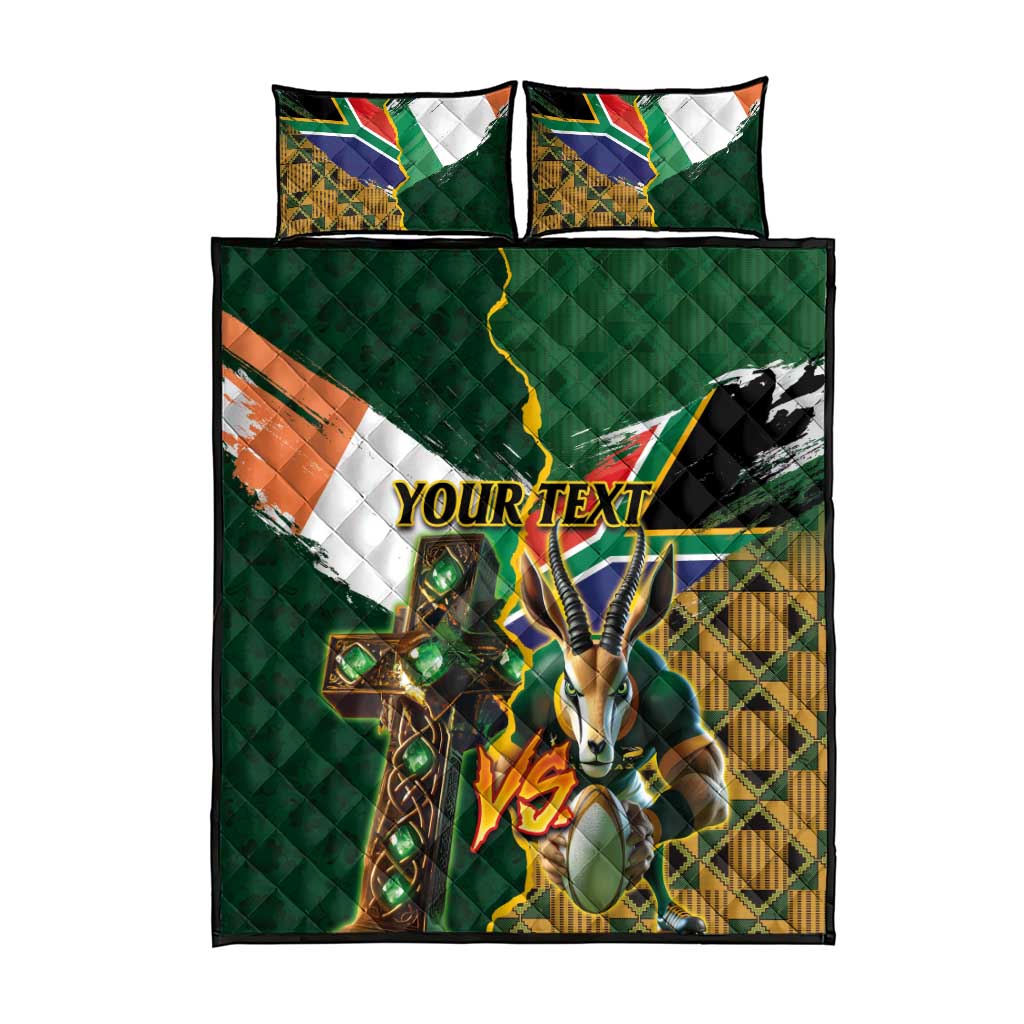Personalized South Africa Versus Ireland Rugby Quilt Bed Set - Springbok Mascot, Celtic Cross Design LT03