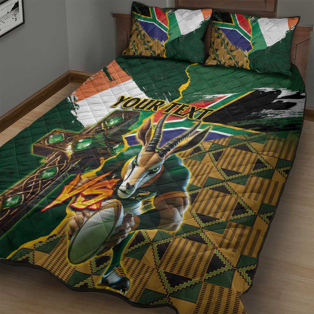 Personalized South Africa Versus Ireland Rugby Quilt Bed Set - Springbok Mascot, Celtic Cross Design LT03